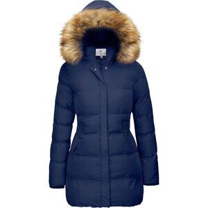 Women's Blue Winter Puffer Coat Warm Jacket With Removable Hood